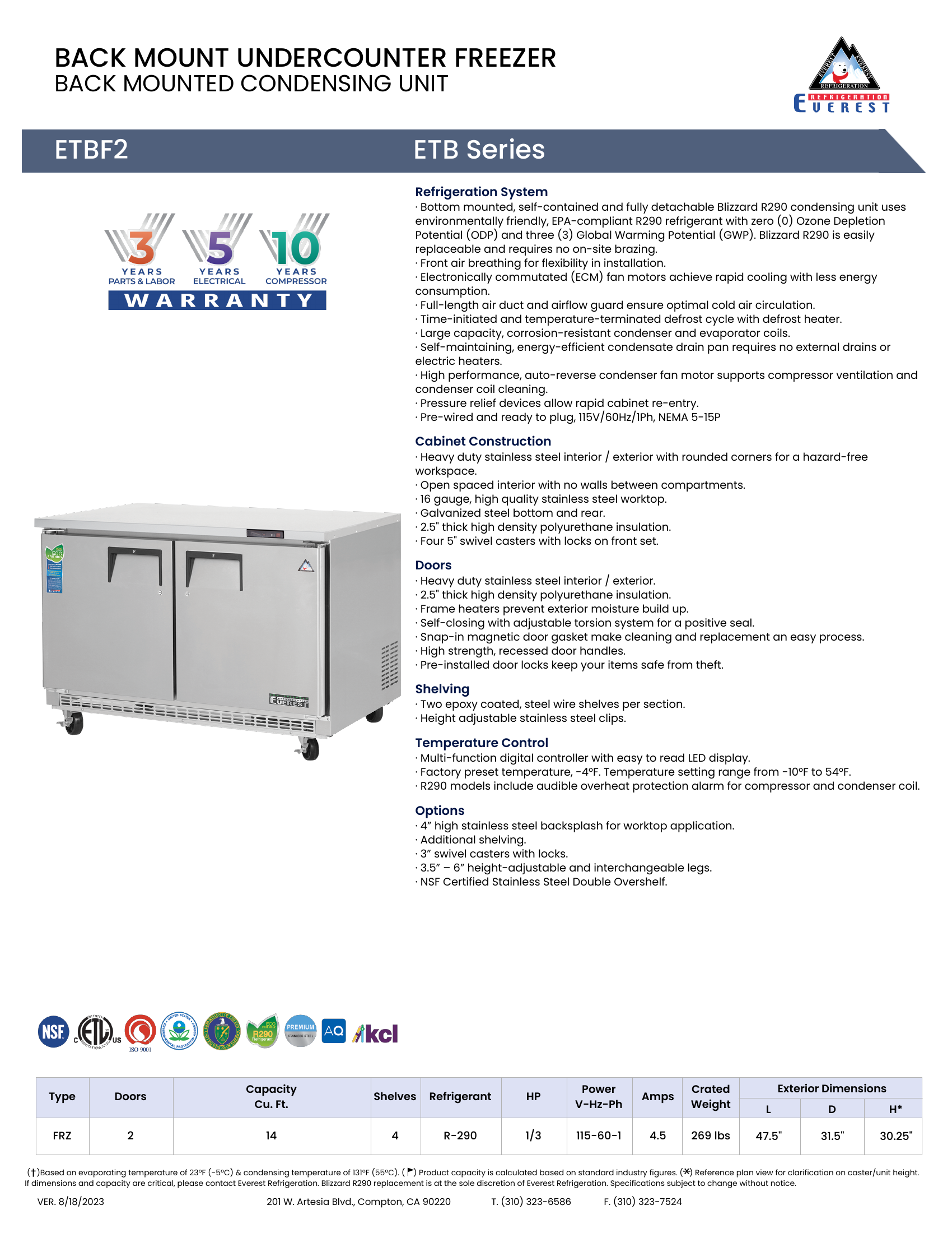 Everest ETBF2 47 1/2" Two Door Undercounter Freezer - 14 Cu. Ft.