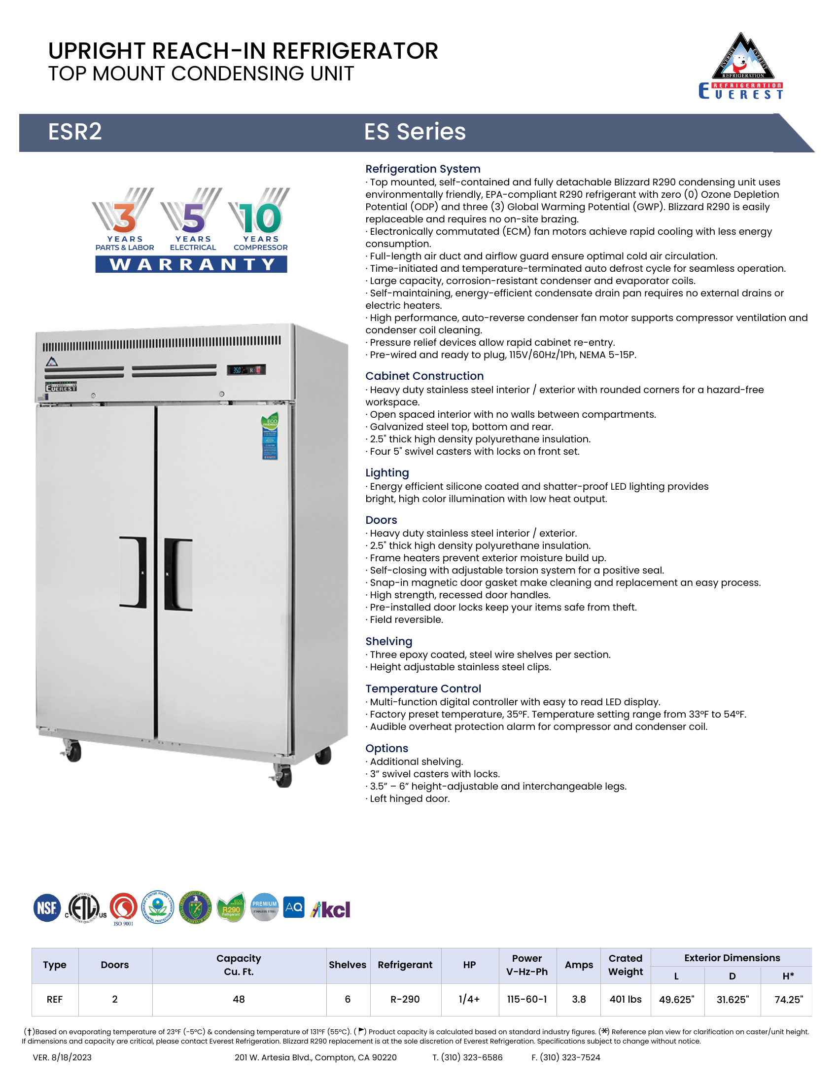 Everest ESR2 49 5/8" Two Door Reach-In Refrigerator – 48 Cu. Ft.